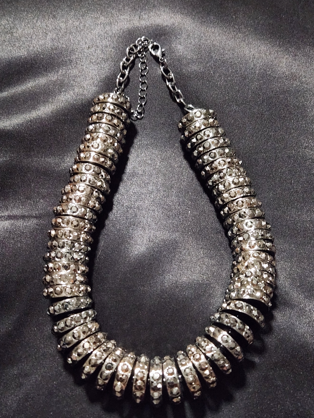 ​H&M Hematite Tone Stacked Crystal Ring Bib Statement Necklace Chunky Industrial